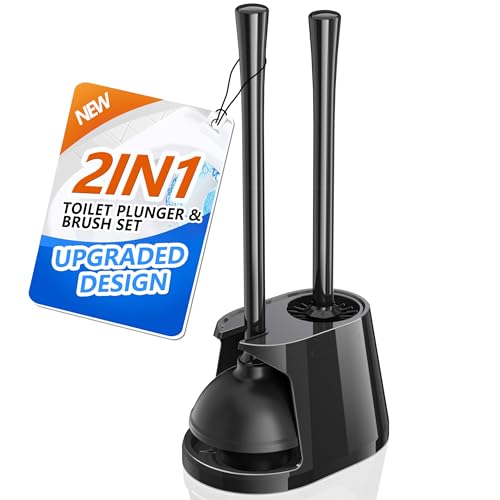 Toilet Plunger and Brush Set, Bowl Brush and Heavy Duty Toilet Plunger with Ventilated Holder, 2-in-1 Toilet Brush and Plunger Combo for Bathroom Deeply Cleaning（Black） - color: Black01