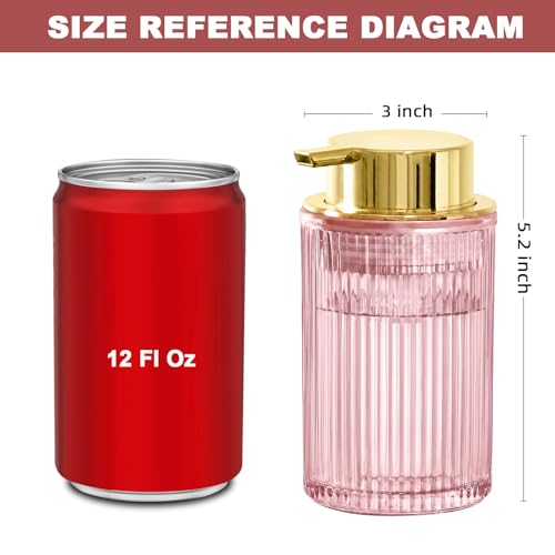 KASUNTING Pink Glass Foaming Soap Dispenser, Ribbed Foam Hand Soap Dispenser for Bathroom, 11 Fl Oz Refillable Foaming Pump Bottle with Black Pump, Modern Dish Soap Foam Dispenser - color: Pink Bottle+ Gold Pump, size: Foam-1 Pack