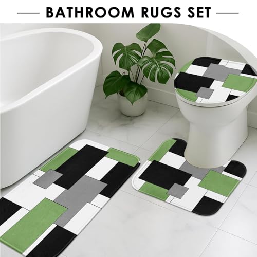Sage Green Geometric Shower Curtain Set with Toilet Lid Cover and Non-Slip Rugs for Bathroom, Black Grey White Checkered 4 Pcs Shower Curtain, Modern Abstract Bathroom Set with 12 Hooks - color: Abstract Geometric Sage Green
