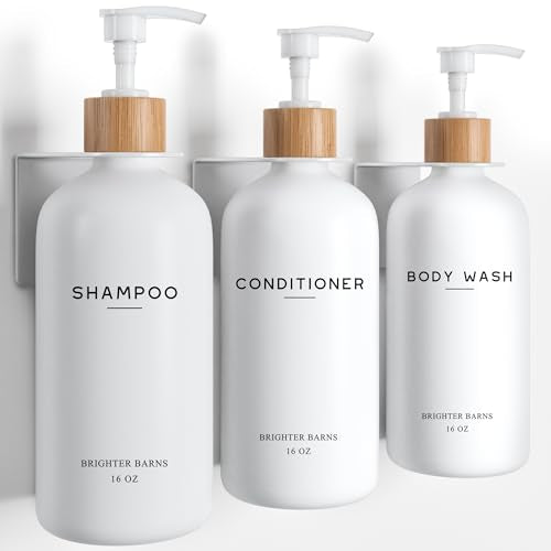White Shampoo and Conditioner Dispenser Set Wall Mounted by Brighter Barns - Shower Dispenser 3 Chamber No Drill - Refillable Shampoo and Conditioner Bottles for Shower Wall in Airbnb, Hotel (White) - color: Boho (White)