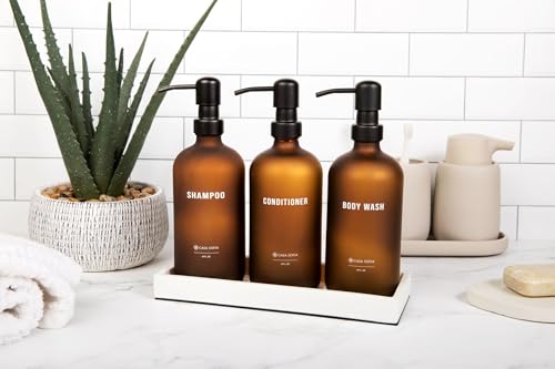 Frosted Amber Glass Shampoo and Conditioner Dispenser Set – Refillable 16 oz Pump Bottles with Concrete Tray – Luxury Bathroom Organization & Modern Shower Soap Dispensers - color: Frosted Amber Glass