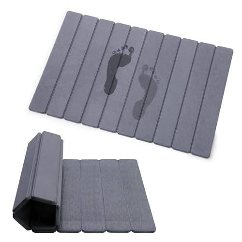 Foldable Stone Bath Mat, Quick-Drying Diatomite Bath Mat | Fast-Drying Hard Stone Drying Mat for Bathroom Shower Floor, 23.6 x 15.4 inch (Dark Grey)