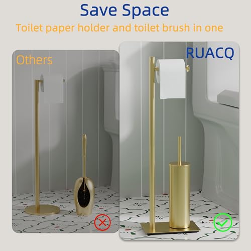 RUACQ Toilet Paper Holder Stand with Toilet Brush and Holder Set, 304 Stainless Steel Bathroom Toilet Tissue Paper Roll Holder Free Standing, Weighted Base, Heavy Duty (Brushed Gold) - color: Brushed Gold, size: Free standing