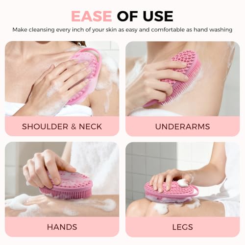 2 Pack Silicone Body Scrubber, Exfoliating Shower Scrubber for All Skin | 2 in 1 dual-sided design, soft bristles and massage bumps side, fast-drying, non-slip handle, for women and men, Blue+Pink - color: Blue&pink