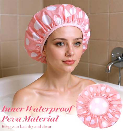 Pink Shower Cap, Double-Sided Reusable Washable Shower Cap for Women, Adjustable & Reusable, Cute Dot Print, Keeps Hair Dry, Suitable for Long Thick Hair（Comes with a Matching Cute Hairband）