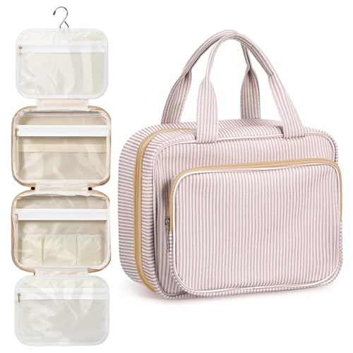 Huhumy Hanging Toiletry Bag for Women with Detachable Pouch, Travel Toiletry Bag, Travel Size Toiletries, Cosmetic Bags, Seersucker Makeup Bags Gifts for Her Mom Girlfriend Wife Teacher(Khaki) - color: Khaki