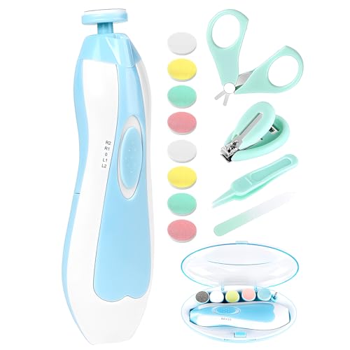 Qunlions life Baby Nail Trimmer Electric-19 in 1 Baby Nail Clippers Safe Baby Nail File Kit with Replacement Pads, Nail Clipper, Scissor, Tweezers, and Nail Files - color: Blue+