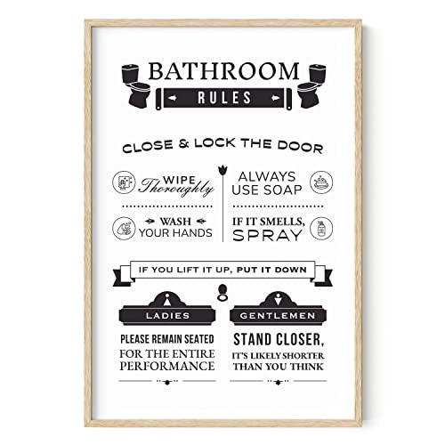 HAUS AND HUES Funny Bathroom Wall Art – Toilet Rules Poster, Humorous Restroom Sign, Playful Washroom Design (24x36, Beige Frame) - color: Rules, size: 24"L x 36"W, style: Beige Framed