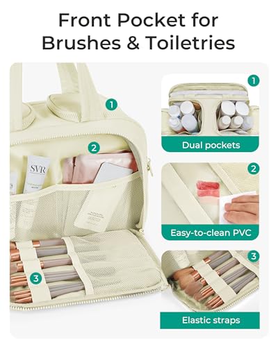 BAGSMART Travel Toiletry Bag, Crush Toiletry Bag for Women, Wide-open Puffy Toiletry Bags for Traveling, Large Travel Cosmetic Makeup Bag Organizer for Accessories,Toiletrie, Beige - color: d-Beige