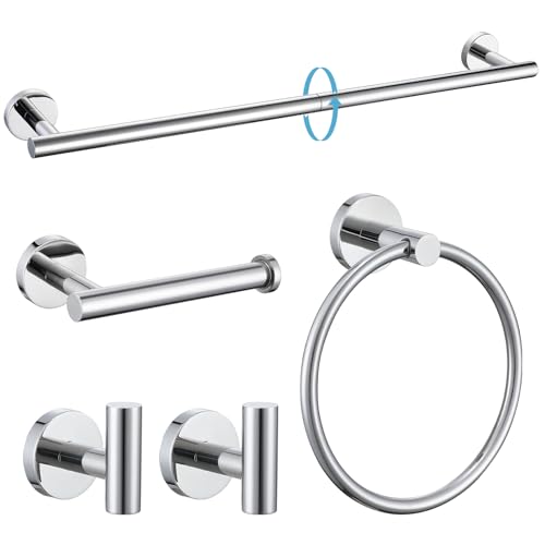 TURS Chrome 5 Piece Bathroom Hardware Set, SUS304 Stainless Steel 24 Inch Bath Towel Bar Set, Round Bathroom Accessories Kit Wall Mounted - color: Chrome