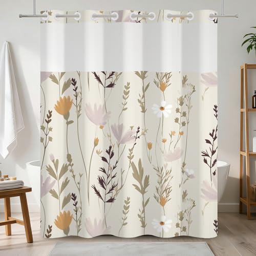 No Hook Floral Shower Curtain with Snap in Liner Set 71x74 Inch | Wildflower Botanical Shower Curtain with Mesh Top Window, Neutral Boho Farmhouse Waterproof Washable Fabric Bath Decor - color: Wildflowers-b
