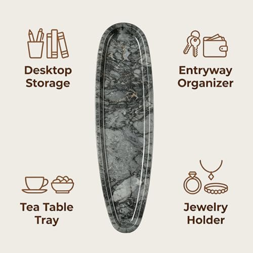 Natural Marble Vanity Tray, 16.6"x4.6" Grey Real Stone Decorative Tray for Bathroom Countertop & Home Decor, Catchall Organizer for Jewelry, Candles, Cosmetics & Perfume（Grey） - color: Black Gray