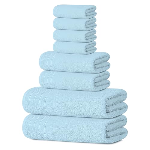Tens Towels Pack of 8 Towels Set, 2 Extra Large Bath, 2 Hand, 4 Washcloths, 100% Cotton, Lighter Weight, Quicker to Dry, Super Absorbent, Perfect for Bathroom, Sky Blue - color: Sky Blue