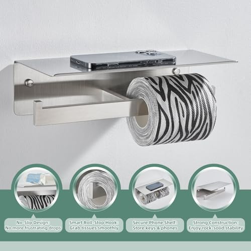 APLusee Double Toilet Paper Holder with Shelf, 304 Stainless Steel Brushed Nickel Bathroom Tissue Holder, Commercial Paper Roll Dispenser Wall Mounted - color: Brushed Nickel, size: Double Rod