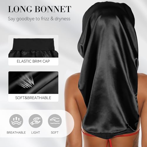 Long Hair Bonnet-Hair Wrap Net for Silk Press Set Braid Bonnet for Sleeping Extra Long Wrap Cap 2 Piece Set Anti Frizz Reusable Elastic Shower Cap for Braids, Curly (black net, black bonnet) - color: Black Net, Black Bonnet