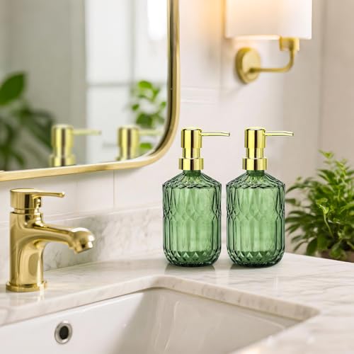 Green Glass Soap Dispenser (15.4 Oz, 1 Pack), Dish Soap Dispenser with Golden Rust Proof Pump for Kitchen Sink, Refillable Bathroom Hand Soap Lotion Dispenser - color: Green