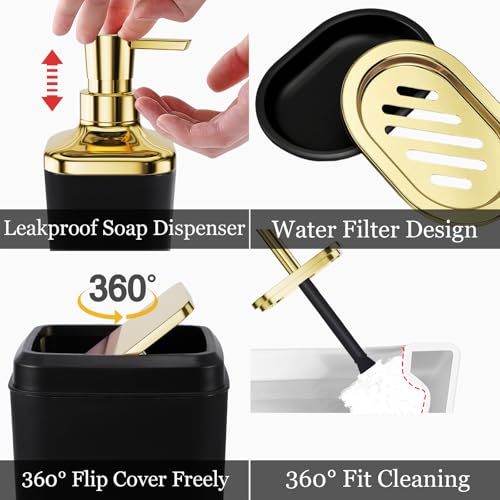 XLHOMO Black Bathroom Set, Bathroom Sets with Stripe Shower Curtain, Black and Gold Bathroom Accessories with Trash Can, Soap Dispenser, Soap Dish, Toilet Brush Holder, Qtip Holders for Bathroom - color: Stripe Black & Gold, size: Complete Set