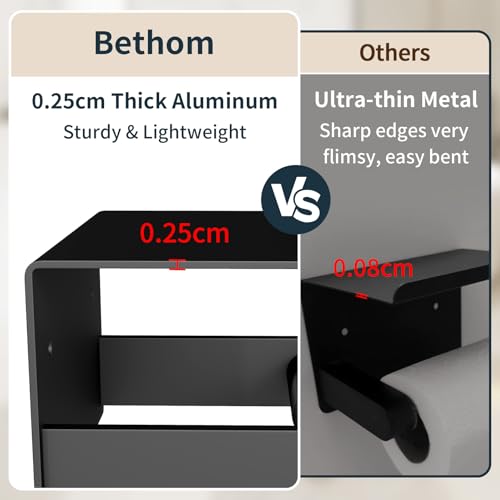 Bethom Toilet Paper Holder with Shelf Wall Mount, Self Adhesive or Screw in, Tissue Holder for Bathroom Washroom RV with Spring Rod, Matte Black