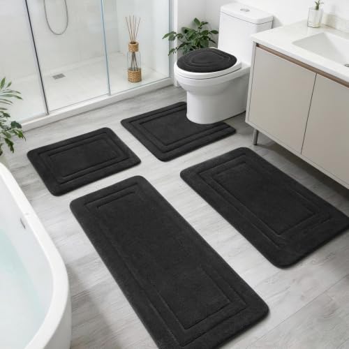 YIHOUSE Bathroom Rugs Sets 5 Piece, Towel-Like Soft Absorbent Thick High Density Memory Foam Bath Mat Set, Non-Slip Machine Washable Bath Rugs for Bathroom, Tub & Shower, Black - color: Black, size: 1'8" x 3'10" (5 pieces)