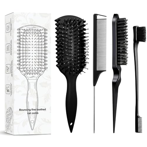 Curl Defining Brush with 3 Pcs Slick Back Hair Set Bristle Edge Control Teasing Comb, For Combing and Shaping in All Hairstyles to Reduce Pulling (Black) - color: Black