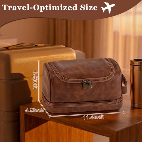 Toiletry Bag for Men Travel Essentials Shaving Dopp Kit with Hanging Hook, Waterproof Toiletry Bag with Dry Wet Separation, PU Leather Travel Organizer for Camping Business, Reddish Brown - color: Reddish Brown, style: Solid