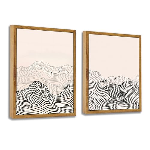 ARTZIO Framed Canvas Prints-Black and White Wall Art,Japanese Minimalist Abstract Ocean Wave Line Art,Vintage Retro Decor,Ready to Hang for Living Room,Bedroom,Bathroom & Office(16"x24") - color: 2-PCS-1, size: 16"x24"