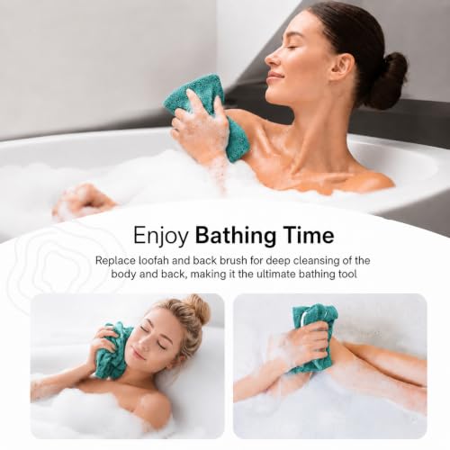 Yiclick Exfoliating Washcloth Towel with Handle, Back Scrubber for Shower, Exfoliating Body Scrubber Exfoliator, Japanese Wash Cloth for Body Scrub, Bath Sponge Loofah Luffa Washer Exfoliator - color: Teal