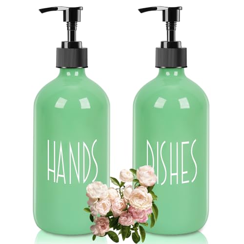 Dish Soap Dispenser for Kitchen - 16 OZ Glass Hand Soap Dispenser Set - Kitchen Bathroom Decor and Accessories (Avocado Green) - color: Avocado Green