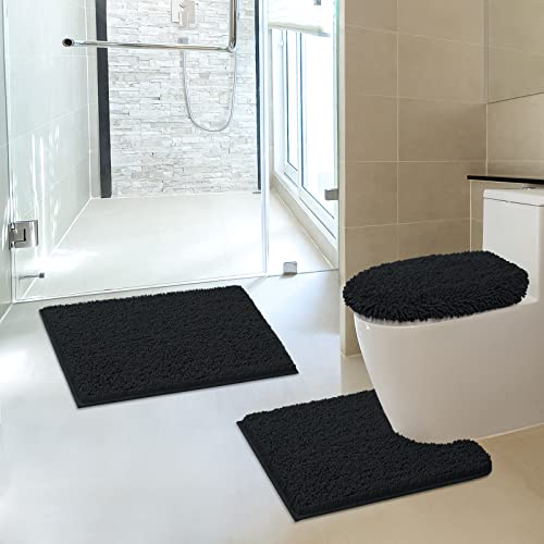 TREETONE Machine Washable Water Absorbent Bath Mat Bathroom Rugs Non Slip Soft Microfiber Mat (Set of 3-Medium 20" x 32"/Contour/Lid Cover, Black) - color: Black, size: Set of 3-Medium 20" x 30"/Contour/Lid Cover