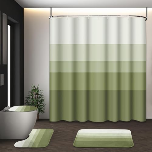 Striped Green Shower Curtain Set with Toilet Lid Cover and Non-Slip Rugs for Bathroom, Minimalist Neutral Ombre 4 Pcs Shower Curtain, Modern Bathroom Set with 12 Hooks - color: Ombre Green