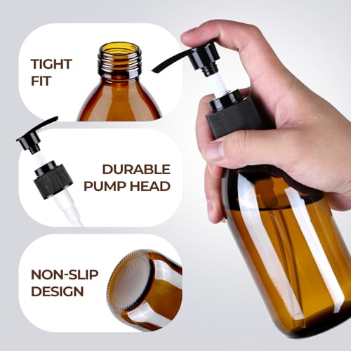 8 oz Amber Glass Soap Dispenser, 250ml Glass Pump Bottle for Body Lotion Massage Oil, Refillable Empty Hand and Dish Soap Dispensers Set with Labels - 3 Pack - color: Amber