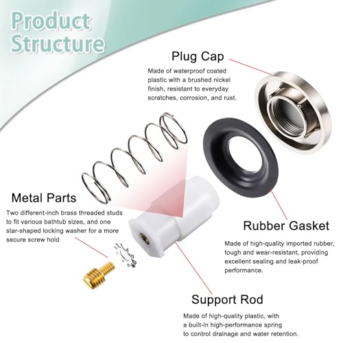 Universal Toe Touch Bathtub Drain Stopper - 3/8'' & 5/16'' Thread Studs with Star-Shaped Lock Washer, Brushed Nickel (1 Pack) - color: Brushed Nickel