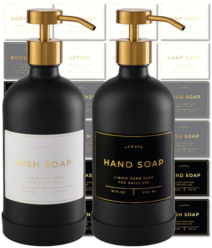 Hand and Dish Soap Dispenser for Kitchen and Bathroom, Set of 2 16 Oz Glass Bottles, Stainless Steel Pumps, Non-Slip Silicone Base, 27 Waterproof Labels (Matte Black Bottle/Brushed Gold Pump) - color: Matte Black Bottle / Brushed Gold Pump