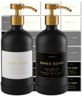Hand and Dish Soap Dispenser for Kitchen and Bathroom, Set of 2 16 Oz Glass Bottles, Stainless Steel Pumps, Non-Slip Silicone Base, 27 Waterproof Labels (Matte Black Bottle/Brushed Gold Pump) - color: Matte Black Bottle / Brushed Gold Pump