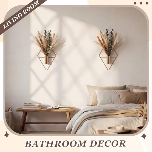 Jexine 4 Pcs Hanging Planters with Artificial Pampas Metal Hanging Vase Indoor Plants Holder Modern Geometric Boho Bathroom Wall Decor for Living Room Home Office, Antique Copper - color: Antique Copper, size: Pampas