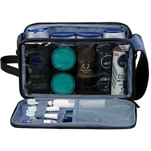 ZEEMO Travel Toiletry Bag for Men, Large Water-Resistant Double-Sided Full-Open Dopp Kit, Versatile Organizer for Shower and Hygiene Accessories, Bathroom Essentials, Cosmetics, Black and Blue - color: Black and Blue, size: Large