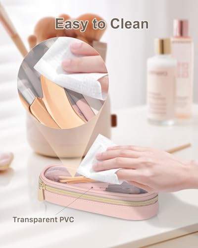 Soimeat Clear Travel Makeup Brush Holder, Leather Makeup Brush Toiletry Bag, Portable Cosmetic Brush Case, Transparent Waterproof Makeup Brush Storage Bag, Pink, Large - color: Pink, size: Large