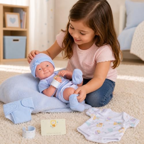 8 piece Layette Baby Doll Gift Set | JC Toys - La Newborn Nursery | 14" Life-Like Smiling Doll w/ Accessories | Blue | Ages 2+ - color: Smiling Blue