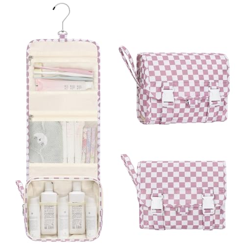 Small Hanging Toiletry Bag for Men and Women, Portable Hanging Organizer for Travel-Sized Dopp Kit, Makeup Accessories, Waterproof Toiletries Organizer with 3 Compartments for Outdoor - Plaid Purple - color: 02 Checkboard Purple, size: Small
