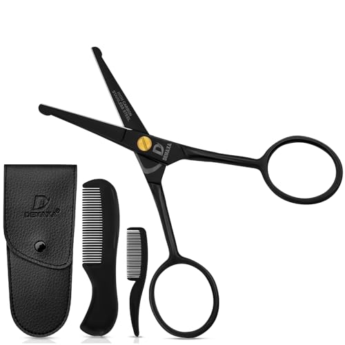 DEMAXA 4.5" Round Tip Safety Mustache Scissors Beard Scissors with 1 Mustache Comb, 1 Beard Comb & Soft Pouch – Best Facial Hair Shears for Beard Mustache Trimming Nose & Ear Hair - color: 4.5" Round Tip Black