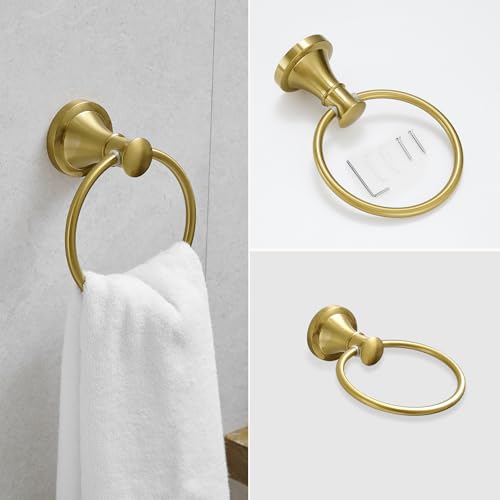 RUMOSE Toilet Paper Holder and Hand Towel Ring Brushed Gold Wall Mount Bathroom Hardware Accessories 2 PCS Set Flexible Pivoting Toilet Tissue Roll Holder and Towel Hanger, Stainless Steel - color: Brushed Gold