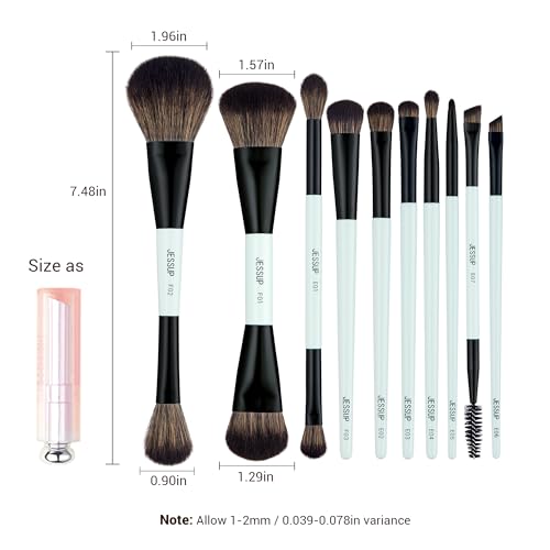 Jessup Makeup Brushes Set 10pcs, Double Sided Foundation Contour Blush Highlight Blending Eyebrow Brush Eyeshadow Eyeliner Concealer Brush, Bright Cyan Cruelty Free Cosmetic Tools T500 - style: 10pcs-T500