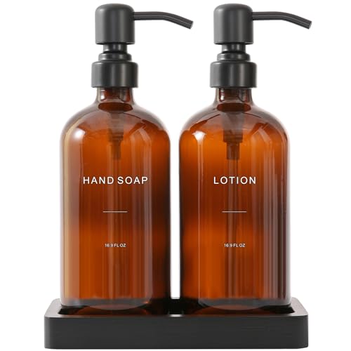 Prus Waso Amber Glass Soap Dispenser Set, Hand Soap and Lotion Set with Black Stainless Steel Pump, Perfect for Modern Bathroom Decor. (Amber) - color: Black Pump & Amber Bottle