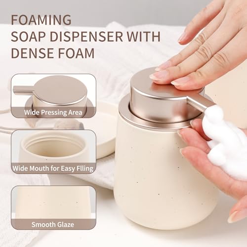 BosilunLife Ceramic Bathroom Accessories Set 3 Pcs, Foaming Soap Dispenser and Toothbrush Holder with Tray, Modern Farmhouse Vanity Decor, Apricot Housewarming Gift - color: Apricot, style: Foam