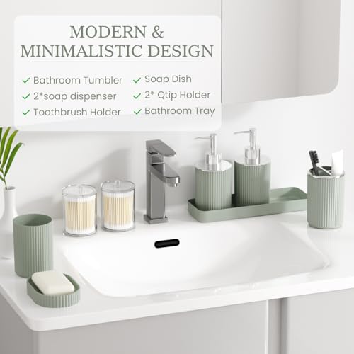 Sage Green Bathroom Accessories Set, 10PC Bathroom Set, Bath Accessory with Pop Up Trash Can, Soap Dispenser, Toilet Brush, Toothbrush Set Qtip Holders & Tray - color: Sage Green & Silver, size: 10-Piece Set (Accessories Only)