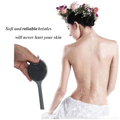 Long Handle Silicone Body Scrubber for Shower, Dual-Sided Back Scrubber Brush with Soft Bristles&Massage Nodes, Exfoliating Bath Brush for Hard to Reach Areas, Easy to Clean & Quick Dry, for Daily Use - color: Gray