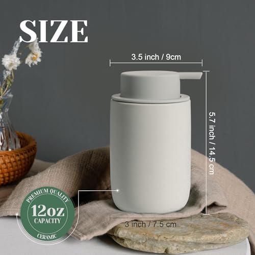 INGOFIN Ceramic Lotion Soap Dispenser Set, 2 Pack (12 oz) Bathroom Hand Soap Dispenser with Pump, Liquid Hand and Dish Soap Dispenser Set, 8 Pcs Clear Stickers,for Kitchen, Bathroom- Grey - color: Grey-liquid