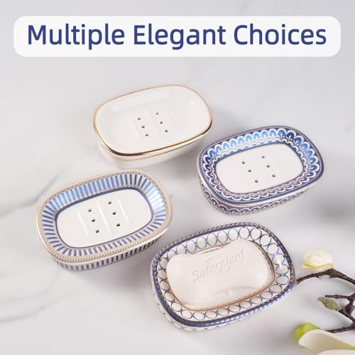 Self Draining Soap Dish, Double-Layer Bar Soap Tray, White Ceramic Soap Dish with Elegant Patterns (Style A) - color: Style a
