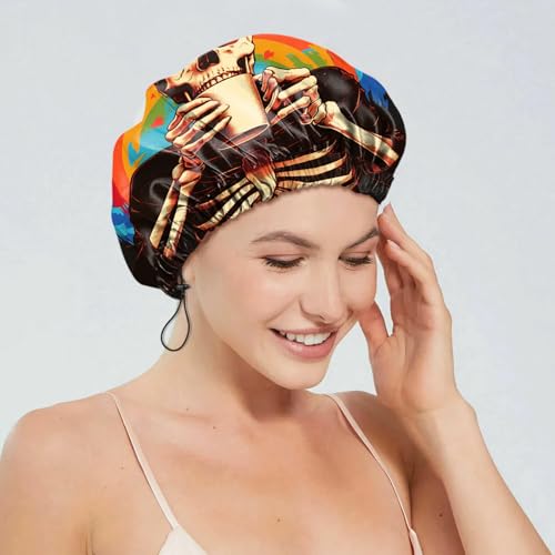 2 PCS Shower Cap Reusable Waterproof Double Layers Hair Caps Shower Bath Adjustable Elastic Hat for Women Girls Cute Aesthetic-Skeleton Mandela - color: AI8-Skeleton Mandela