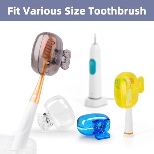 Hxezoc 4 Pack Toothbrush Covers Toothbrush Holders Portable Toothbrush Protector Cap Brush Pod Case Protective Plastic Clip for Household Travel, Camping, Bathroom, School, Business - color: Clear, Yellow, Grey, Blue